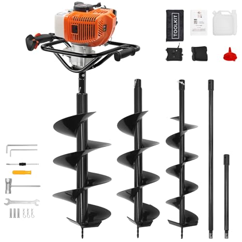 62cc 2-Stroke Auger Post Hole Digger with 2 Extension Rods & 6" & 8" Auger Bits - Gas Powered Earth Auger for Fencing, Gardening, Construction - Heavy Duty Digging Machine (62cc+2 Auger Bit(6"8"))