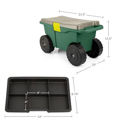 Rolling Garden Cart with Seat - Plastic Storage with Bench and Interior Tool Tray - Gardening Stool for Weeding and Planting By Pure Garden (Green) - color: Dark Green/Black/Grey