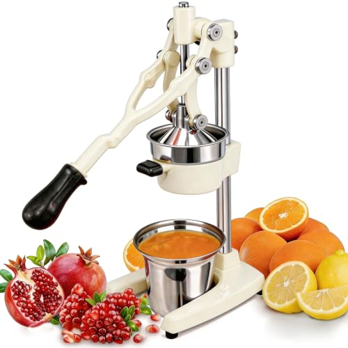19 Inch Height Extra Tall Commercial Heavy Duty Cast Iron Hand Press Manual Orange Citrus Lemon Lime Grapefruit Pomegranate Fruit Juice Squeezer Machine with Stainless Steel Cup White - color: White, size: 19 Inch