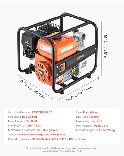 VEVOR Gas Powered Water Pump, 2 in, 158 GPM 7HP Semi Trash Water Transfer Pump Portable, Gasoline Engine with 25 ft Discharge Hose, Heavy Duty Frame, Cast Iron Impeller, for Irrigation, Ponds, Pools - size: 2in 7.0 HP 158GPM