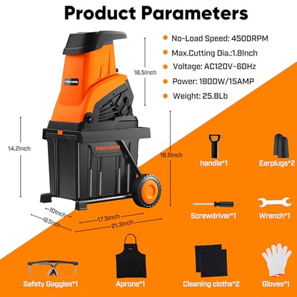 15-Amp Wood Chipper Shredder, 50L Collecting Bin, High Efficiency Electric Mulcher Shredding Machine with 25:1 Reduction Ratio, 1.8In Cutting Diameter, Large Portable Wheels for Yard Cleanup, Orange - color: Tangerine