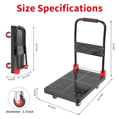 Push Cart Dolly - Foldable Heavy - Duty Flatbed Platform Cart with 360 - Degree Rotating Wheels for Moving in Food Truck and Trailer, Load Capacity 330 lbs, Black Red