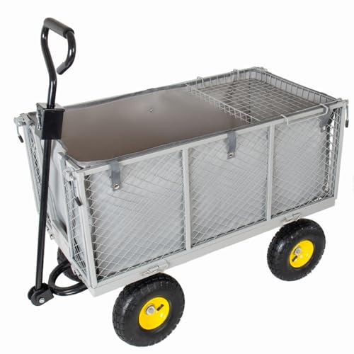 880LBS Capacity Steel Garden Dump Cart Oversized Heavy Duty, Utility Wagon All-Terrain Wheels Metal Flatbed Hauler Removable Liner Tray (Gray) - color: Gray