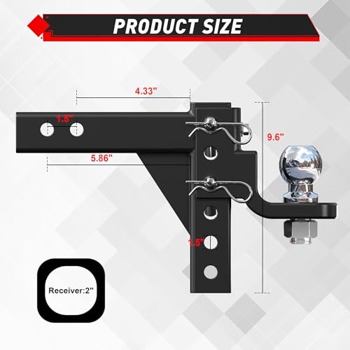TYT Adjustable Trailer Hitch Ball Mount, 2" Towing Ball 7500 LBS, 9-1/2" Drop and 8-1/4" Rise, Fits 2-in Receiver with 2 Pin&Clips and 5/8" Premium Pin Lock for Heavy Duty Truck - size: Drop Hitch with 2" Ball, 9-1/2" Drop & 8-1/4" Rise