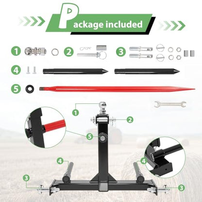 Suitable for 47-Inch 3-Point Hay Spear Gooseneck Trailer Hitch for All Category 1 Tractors – 3000lbs Capacity with 2 Stabilizers & Quick Hitch Attachment – Durable Black Steel, Powder Coated