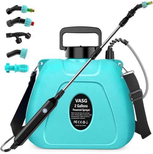 Battery Powered Sprayer 2 Gallon, Powerful Electric Weed Sprayer Pump | Garden Sprayer with USB Rechargeable Handle, 5 Mist Nozzles, Retractable Wand, Adjustable Strap for Lawn, Yard