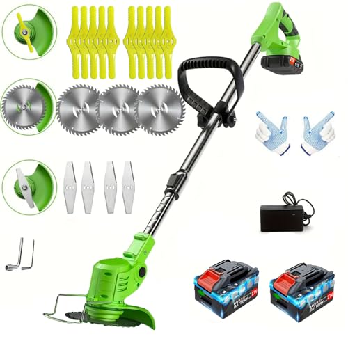 Weed Wacker Electric Weed Cordless Eater, 21V Brush Cutter Battery Powered Weed Wacker,String Trimmers Includes 2 x1.5 Ah Battery,3 in 1 Stringless Lightweight Grass Trimmer/Mower for Garden (Green) - color: Green
