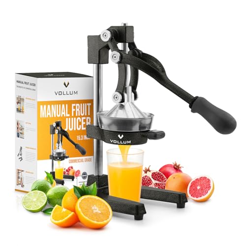 Manual Fruit Juicer,Commercial Grade Home Citrus Lever Squeezer for Oranges, Lemons, Limes, Grapefruits and More,Stainless Steel and Cast Iron,Non-skid Suction Cup Base,15 Inch,Black,by Vollum - color: Black