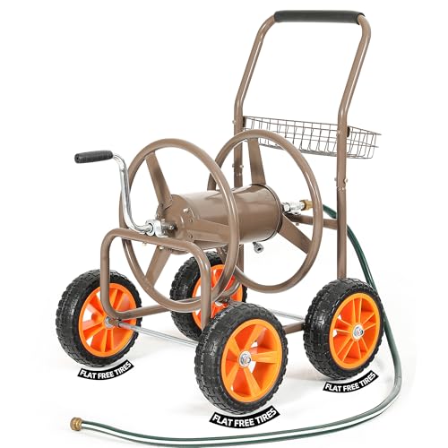 250ft 5/8" Heavy Duty Hose Reel Cart No-Flat Tires - color: Brown