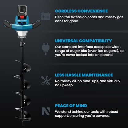 NEWTRY Cordless Earth Auger, 1200W Electric Post Hole Digger, 500-1200RPM