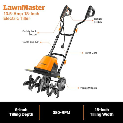 LawnMaster 13.5 Amp 18” Electric Tiller – TE1318M - color: 18-inch Black & Orange