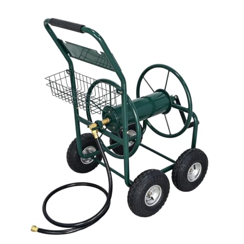 Upgrade Hose Reel Cart, 4-Wheel Heavy Duty Steel Garden Hose Cart, Holds Up to 300 ft 5/8'' Hose, with Hose Guide & Storage Basket, Portable Water Reel for Yard, Lawn & Outdoor Use