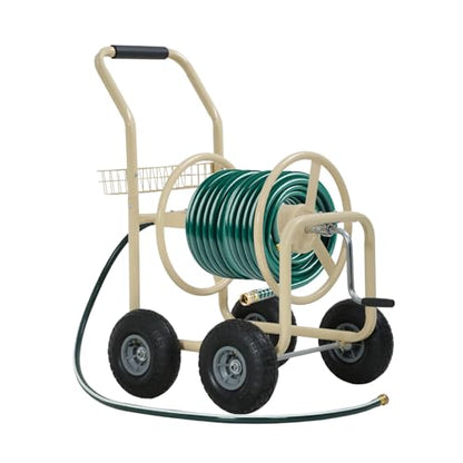 FDW Garden Hose Reel Cart, Water Hose Cart with 4 Wheels, Hold Up to 300 ft of 5/8’’ Hose，Heavy Duty Powder-Coated Steel Planting with Storage Basket, for Garden, Yard and Lawn - color: Tan-1