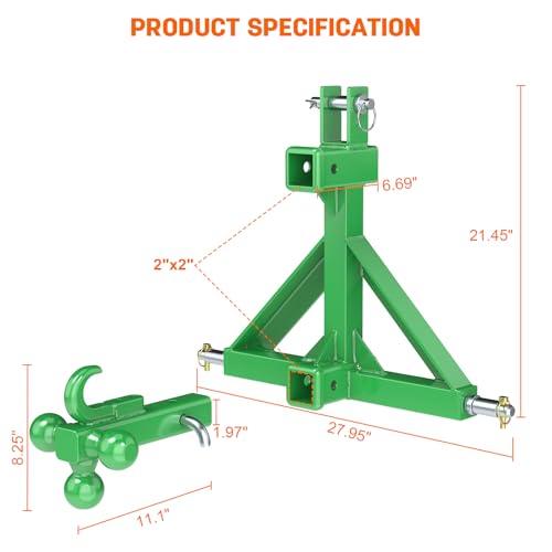 Green 3 Point Hitch Receiver with Dual 2” Receiver Fit Category 1 Tractors