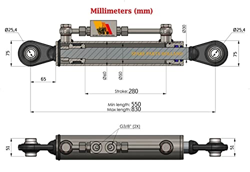 Hydraulic Top Link Cat. 2-2 with Locking Block 21 5/8” - 32 11/16” with 2 x Hoses