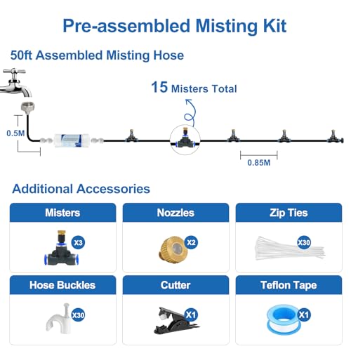 Pre-Assembled Misters for Outside Patio,Outdoor Misting System,50FT|15M. - size: 50FT-Pre-Flt