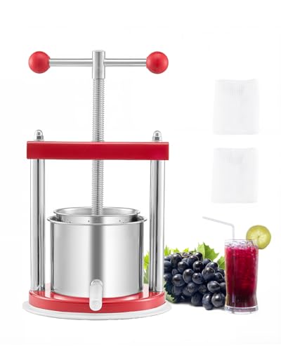 VEVOR 0.44 Gal/1.65L Fruit Wine Press, 2 Stainless Steel Barrels, Manual Juice Maker, Cider Apple Grape Tincture Honey Olive Oil Making Press with T-Handle for Outdoor Kitchen Home - color: Red, size: 0.44 Gal