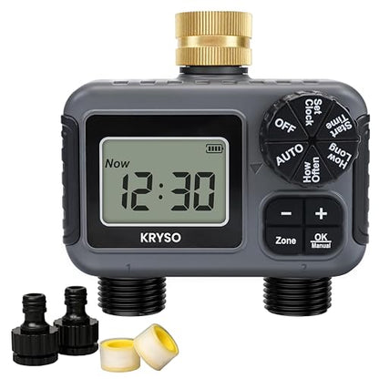 Kryso 2-Zone Sprinkler Timer with Brass Inlet & Outlet – Programmable Garden Hose Water Timer with Rain Delay, Manual & Automatic Irrigation Controller for Yard, Lawn & Outdoor Watering