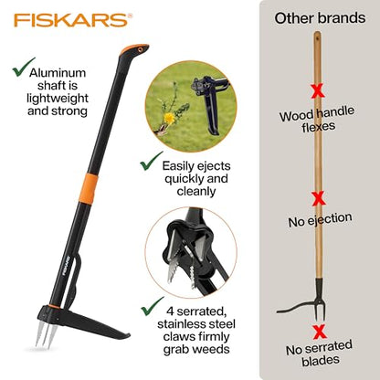 Fiskars Deluxe Stand-Up Weed Puller Tool, 4 Serrated Stainless Steel Claws - style: 4-claw