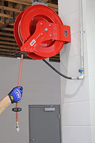 Lincoln 83754 Value Series Air/Water Retractable Hose Reel with 50' x 3/8" Rubber Air Hose, 1/2" NPT, 300 PSI, Slotted Mounting Base, 5-Position Adjustable Outlet Arm, All-steel Construction, Red