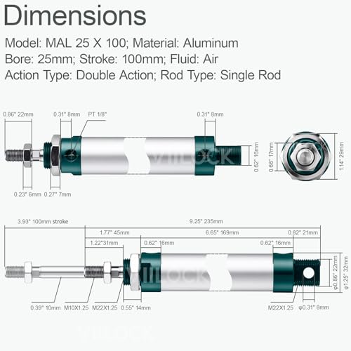 MAL25x100 Mini Air Cylinder 25mm Bore 100mm Stroke Double Acting - size: 25mm x 100mm