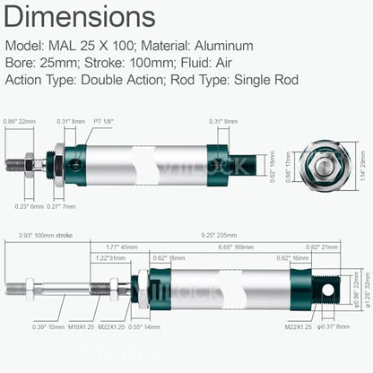 MAL25x100 Mini Air Cylinder 25mm Bore 100mm Stroke Double Acting - size: 25mm x 100mm