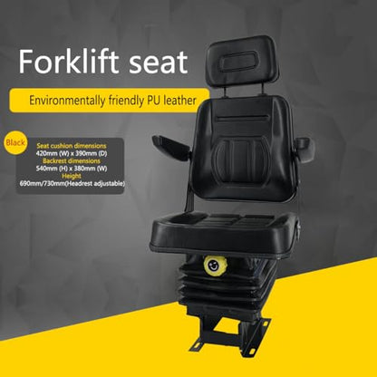 Tractor Suspension Seat, Adjustable Universal Replacement Seat W/Armrest W/Backrest, Compatible with Excavator Skid Loader Dozer (Black)