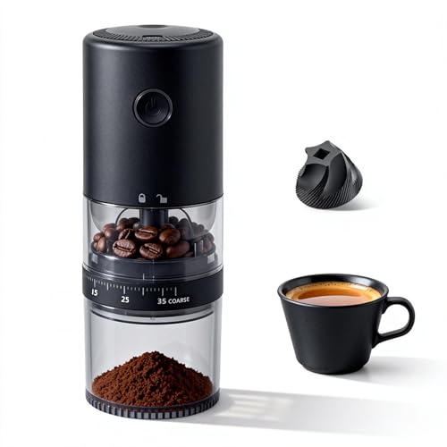 LAMIDO Portable Electric Burr Coffee Grinder - Grind While Charging - Visual Bean Hopper - 38 External Grind Settings - 1.8X Faster Grinding - 2000 mAh Battery for Travel, Camping (Matte Black, E96T) - color: Matte Black
