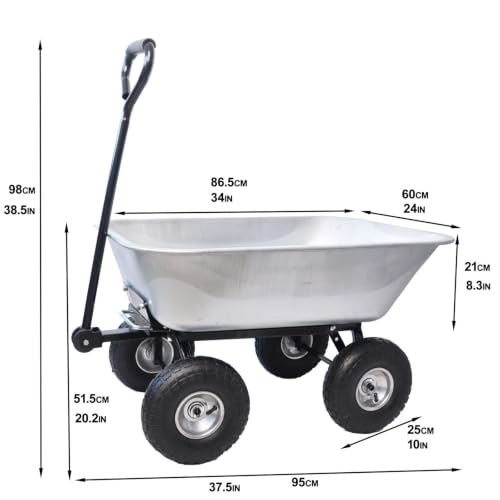 300LB Steel Garden Dump Cart 4-Wheel Wagon Poly Tray 55L Silver Tilting Bed