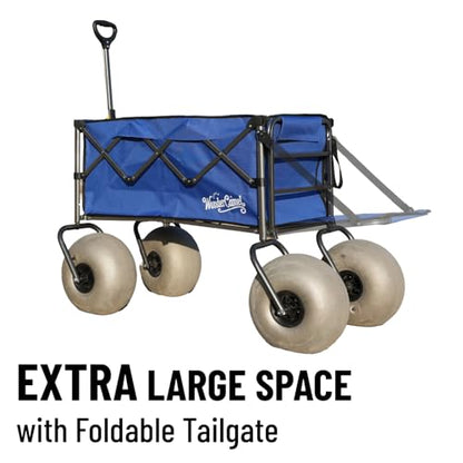 Beach Wagon with 13" Balloon Wheels - Extended Tailgate for Extra Space & Easy Access - 300 lb Heavy Duty Folding Cart with Big Wheels for Sand (Blue)