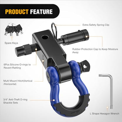 Nilight 3/4" Anti-Theft D Ring Shackle Hitch Receiver 2" Solid Towing Kit | 45000 LBs Breaking Strength 5/8" Trailer Hitch Lock Pin Heavy Duty Solid Towing Kit for Trucks Off Road Blue&Black - color: Hitch w/ Lock Pin Black Blue