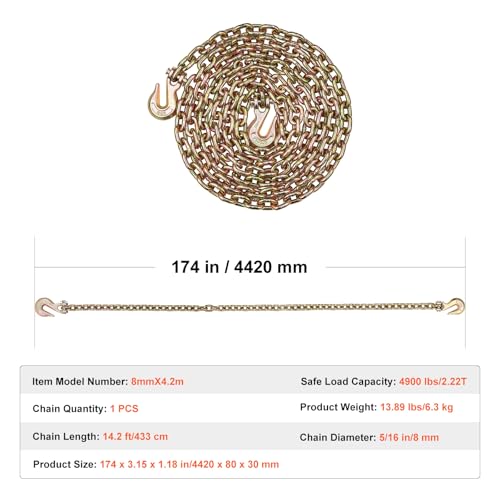 VEVOR G80 Transport Binder Chain, 5/16" x 14.2' Tow Chain with Clevis Grab Hooks, 4900 lbs Safe Working Load, Heavy Duty Trailer Logging Chain for Transporting Towing Truck Tie Down Binding Equipment - size: 5/16 Inch x 14 FT, style: 1 Pack