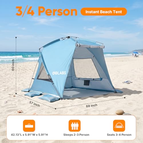 Golabs BT1 Pop up Beach Tent for 3 Person, 1-Min Setup by Pre-Attached Pole - color: BLUE