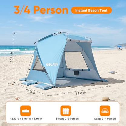 Golabs BT1 Pop up Beach Tent for 3 Person, 1-Min Setup by Pre-Attached Pole - color: BLUE