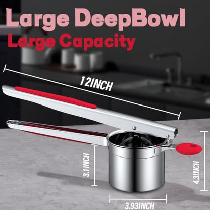 Large 15oz Potato Ricer for Mashed Potatoes, Heavy Duty 18/8 Stainless Steel Potato Masher for Baby Food & Spaetzle Maker, Masher and Ricer Kitchen Tool, Press and Mash Kitchen Gadget, Red - color: Red