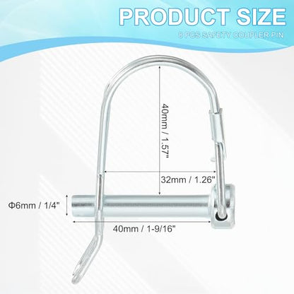 PATIKIL Trailer Coupler Pin 1/4" x1-9/16, 8 Pcs Wire Lock D Shape Safety Shaft Locking Round Pto Pins for Farm Trailers Lawn Hitches Garden Tractor Kayak Boat, Silver (6x40mm) - size: 1/4" x 1-9/16"