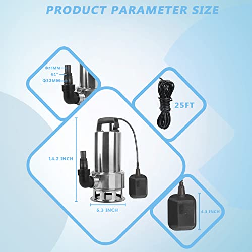 Trupow 1.5HP 110v Submersible Sewage Drain Flood Stainless Steel Clean/Dirty Water Sump Transfer Pond Garden Pump