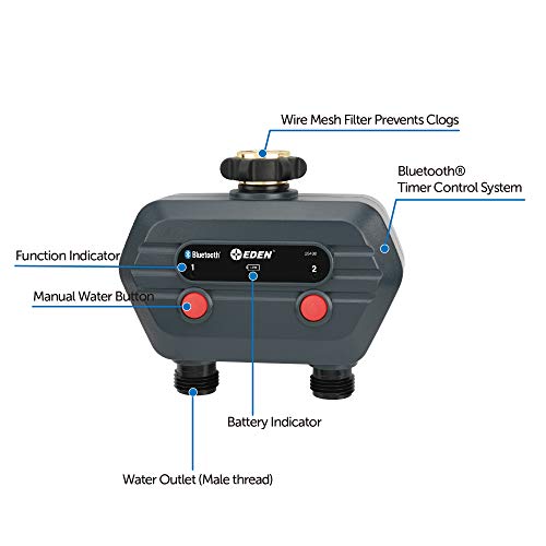 Eden 93442 2-Zone Bluetooth Water Timer for Smart Irrigation - Remote Control via App, Customizable Scheduling, and Water Delay Setting - size: 2 Zone