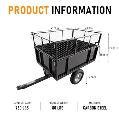 1000LBS Heavy Duty Utility Dump Trailer, 25 Cu.Ft ATV Trailer Dump Cart