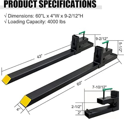 Clamp On Debris Forks To 48-60" Bucket, 4,6-Tine Clamp On Pallet Forks Bucket Forks Attachments, Ideal For Loader, Tractor Buckets, Skidsteer,60''without Stabilizer Bar 4000LBS - size: 60''without Stabilizer Bar 4000LBS