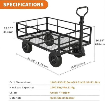  Heavy Duty Steel Garden Cart, 1200 LBS Load Capacity Garden Wagon with 10 inch Tire and 180° Rotating Handle Attach to ATV or Tractor Blac