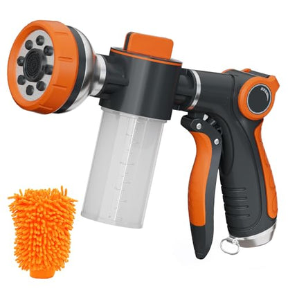 Garden Hose Nozzle,8 Patterns Hose Sprayer High Pressure,Heavy Duty Dog Wash,Metal Water Hose Nozzle with Soap Dispenser,Car Wash Foam Gun with A Car Wash Mitt - color: Orange2