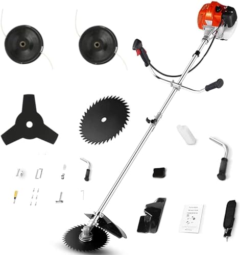COOCHEER Brush Cutter Gas Powered 58cc, 4 in 1 Weed Wacker, 2-Cycle String Trimmers Gas Brush Cutter Straight Shaft Gas Grass Trimmer for Lawn and Garden Care Trimming, Red