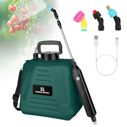 Backpack Sprayer 2 Gal Battery Powered, 3 Nozzles & USB Handle for Garden & Lawn - color: Green
