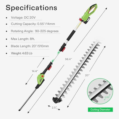VIVOSUN 20" Cordless Pole Hedge Trimmer, 20V Electric Bush Trimmer with 20” Dual-Action Laser Blade, Adjustable Cutting Head, 0.55" Cutting Capacity, 2.0AH Battery and Fast Charger Included - size: Pole Hedge Trimmer with 20V Battery (1 Pack)