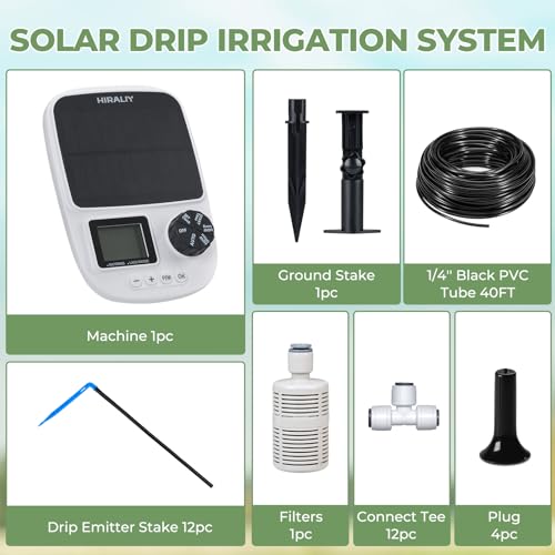 HIRALIY Solar Automatic Drip Irrigation System, Solar Powered Watering Device with Timer for Pots Plants, Drip Emitter Stake, with USB Port, for Indoor Irrigation Kit