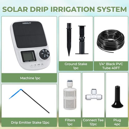 HIRALIY Solar Automatic Drip Irrigation System, Solar Powered Watering Device with Timer for Pots Plants, Drip Emitter Stake, with USB Port, for Indoor Irrigation Kit
