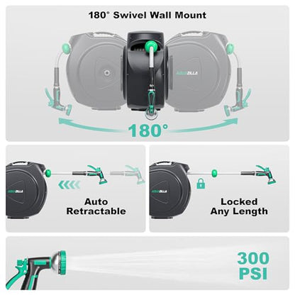 Retractable Garden Hose Reel - 1/2 in x 120 ft Automatic Wall Mount Heavy Duty Automatic Water Hose Reel with 9 Patterns Nozzle, Kink-Resistant Hose, 180° Swivel, Auto-Lock for Outdoor Watering - size: 1/2inch x 120ft