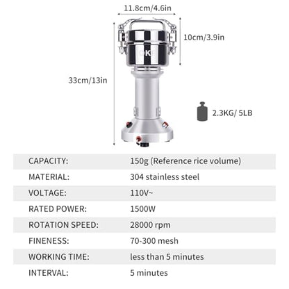 150g Grain Mill, 304 Stainless Steel Spice Grinder, 1500W High-speed Commercial Flour Mill, Superfine Flour Mill Grinder for Home, Grain Mill for Flour - size: 150g