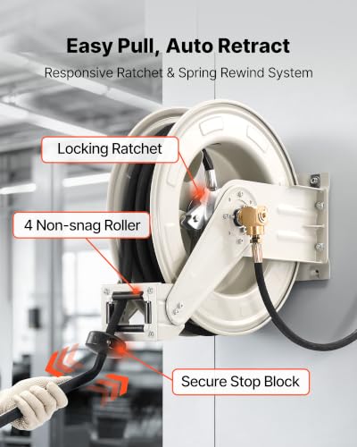 VEVOR Fuel Hose Reel, 1/4" x 50', Extra Long Retractable Grease Hose Reel, Spring Driven Auto Swivel Rewind, Heavy-Duty Carbon Steel Construction with Hose for Auto Repair, Heavy Industries, 5800 PSI - size: 1/4" x 50'